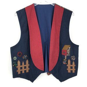 Country Christmas Vest Womens Large Blue Red Paisley Sleeveless Birdhouse Fence